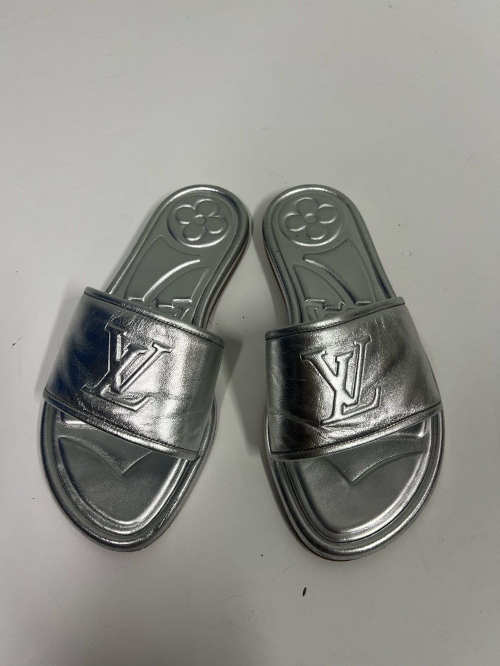 Louis Vuitton Metallic Silver Logo Slide Sandals